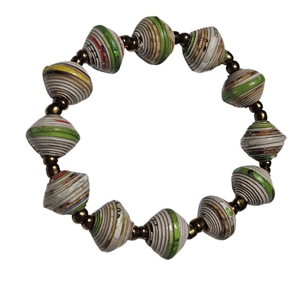 Handcrafted Recycled Paper Bead Bracelet Green Yellow Accents Eco Friendly Women - Picture 1 of 3